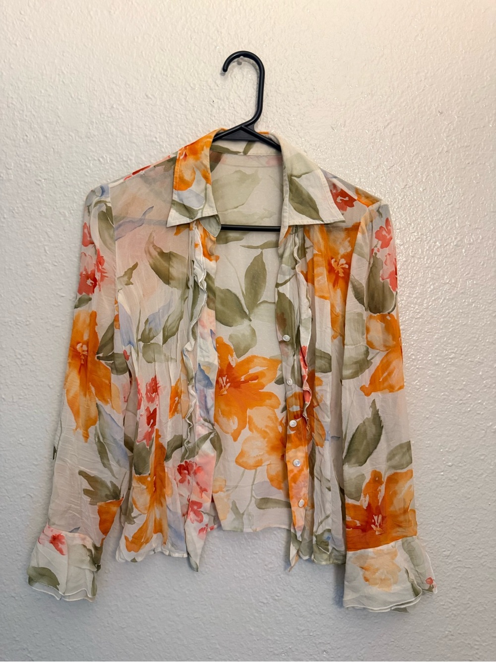 Sheer Floral Ruffle Button-Up Blouse